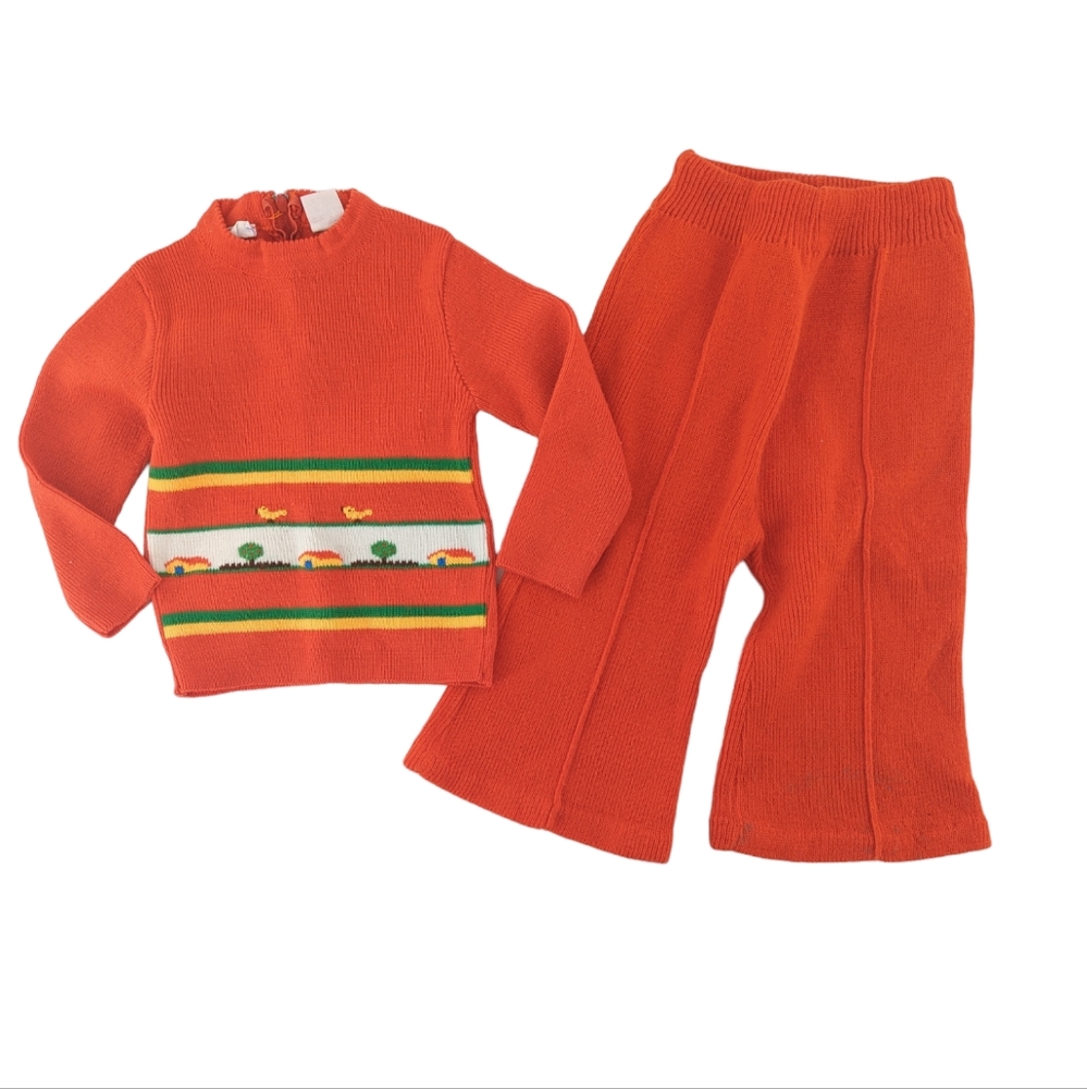 Vintage 70s Little Angel 2-Piece Sweater Set Red Orange Size 2t